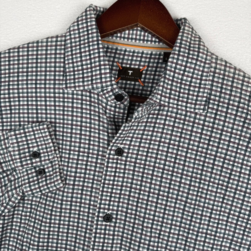 Left Coast Tee Button Down Shirt Mens Large Plaid Long Sleeve Jersey Stretch